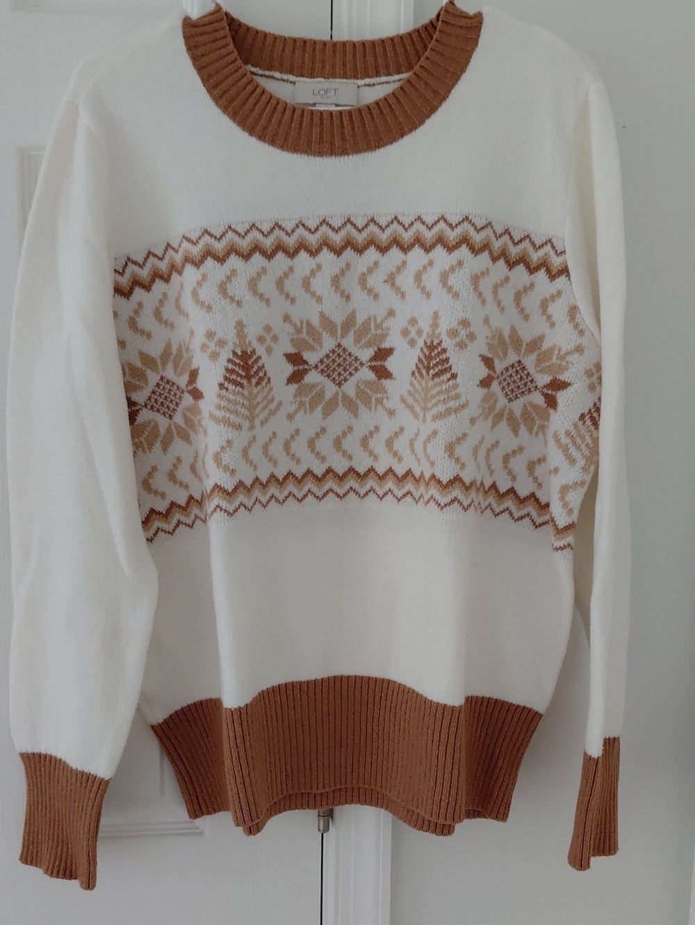 LOFT Cream and Tan Fair Isle Crewneck Sweater